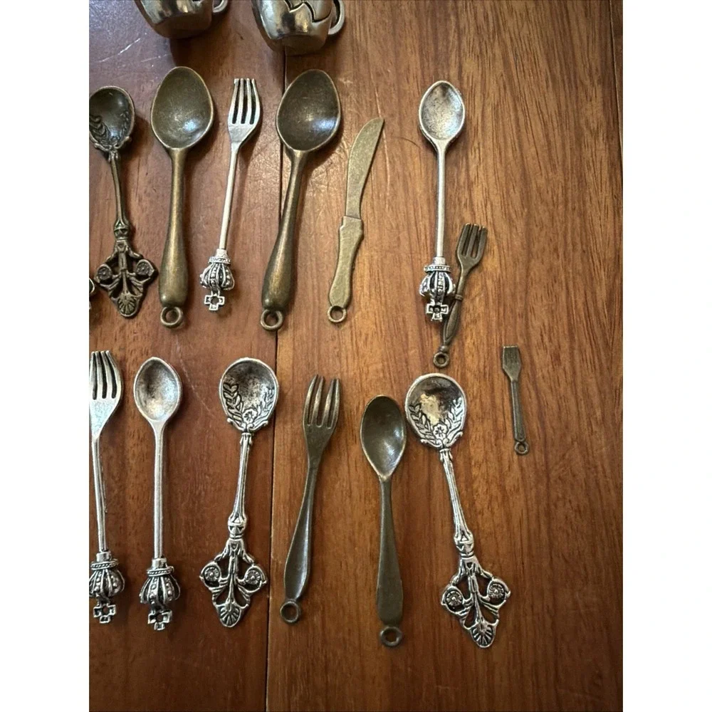 Tiny Silverware Teacup Charms Mixed Metals Fork Spoon Knife Ladle 22 Charms